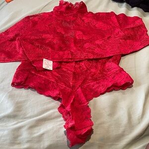 Frederick's of Hollywood Red Lace High-Neck Thong Bodysuit. Fits M/L size